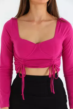 Kadın Büzgülü Crop Bluz Mürdüm