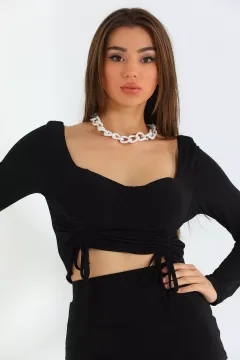 Kadın Büzgülü Crop Bluz Siyah