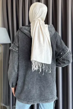Kapüşonlu Fermuarlı Taş Detaylı Tesettür Jean Kot Ceket Antrasit