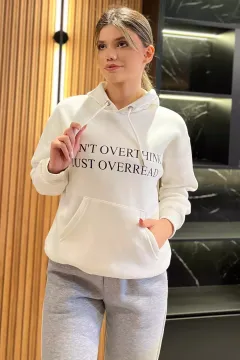 Kapüşonlu Üç İplik Şardonlu Yazı Baskılı Kadın Sweatshirt Beyaz