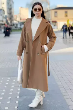 Kruvaze Yaka Kadın Kaşe Kaban Camel