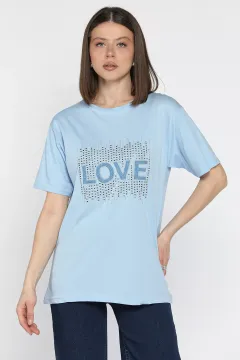 Love Taşlı Bisiklet Yaka Kadın Tişört Açıkmavi