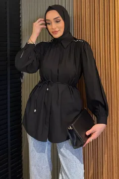 Omuz Büzgülü Ve Taşlı Tesettür Gömlek Siyah