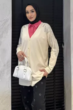 Omuz Taşlı Tesettür Triko Hırka Krem