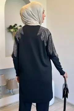 Omuz Taşlı Tesettür Triko Tunik Siyah