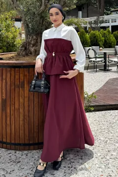 Ön Tokalı Gömlek Garnili Bluz Etek Tesettür İkili Takım Bordo