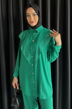 Önü Katlamalı Taşlı Tesettür Tunik Pantolon İkili Takım Yeşil