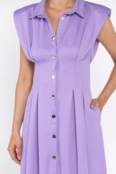 Pileli Ön Çıtçıtlı Sıfır Kol Kadın Elbise Koyu Lila