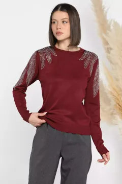 Taş İşlemeli Bisiklet Yaka Kadın Bluz Bordo
