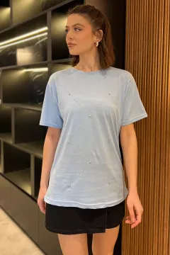 Taşlı Kadın Tişört Açıkmavi