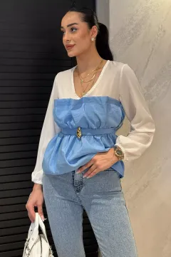 V Yaka Garnili Tokalı Kadın Bluz Mavi