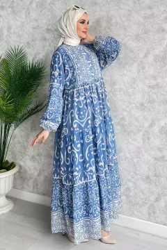 Yarım Düğmeli Astarlı Desenli Şifon Elbise İndigo