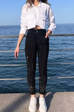 Yüksek Bel Taş İşlemeli Kadın Tarz Jean Kot Pantolon Siyah