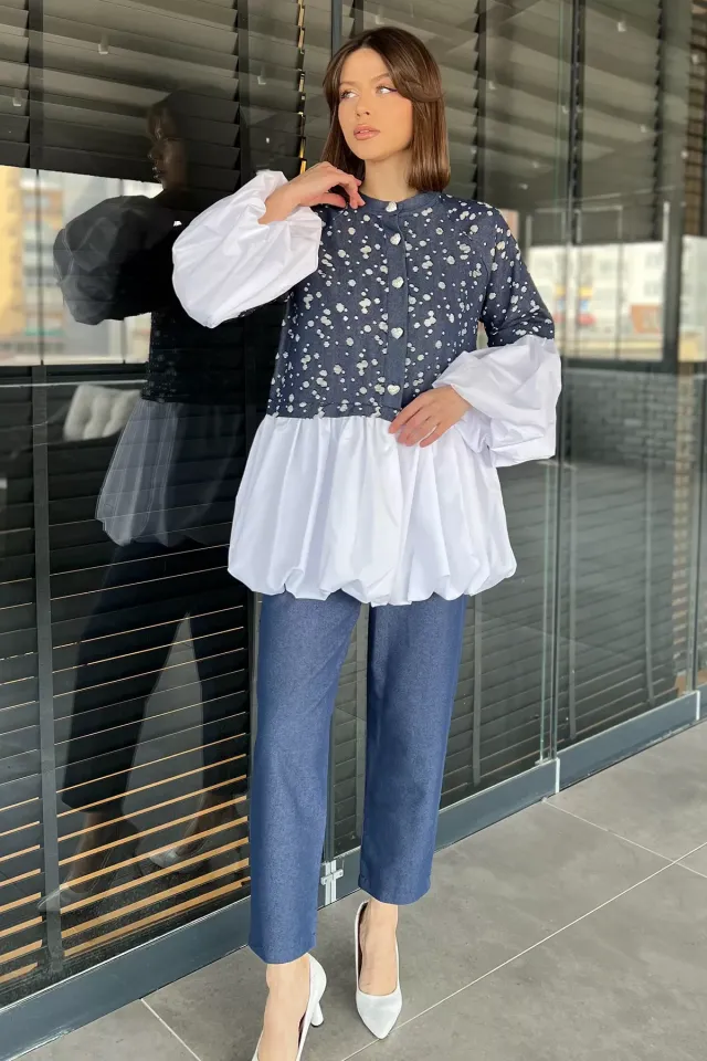 Balon Kol Garnili Taşlanmış Tunik Pantolon Jeans İkili Takım Lacivert