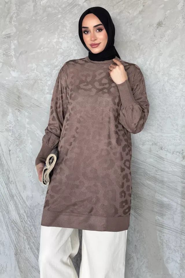 Bisiklet Yaka Desenli Tesettür Triko Tunik Vizon