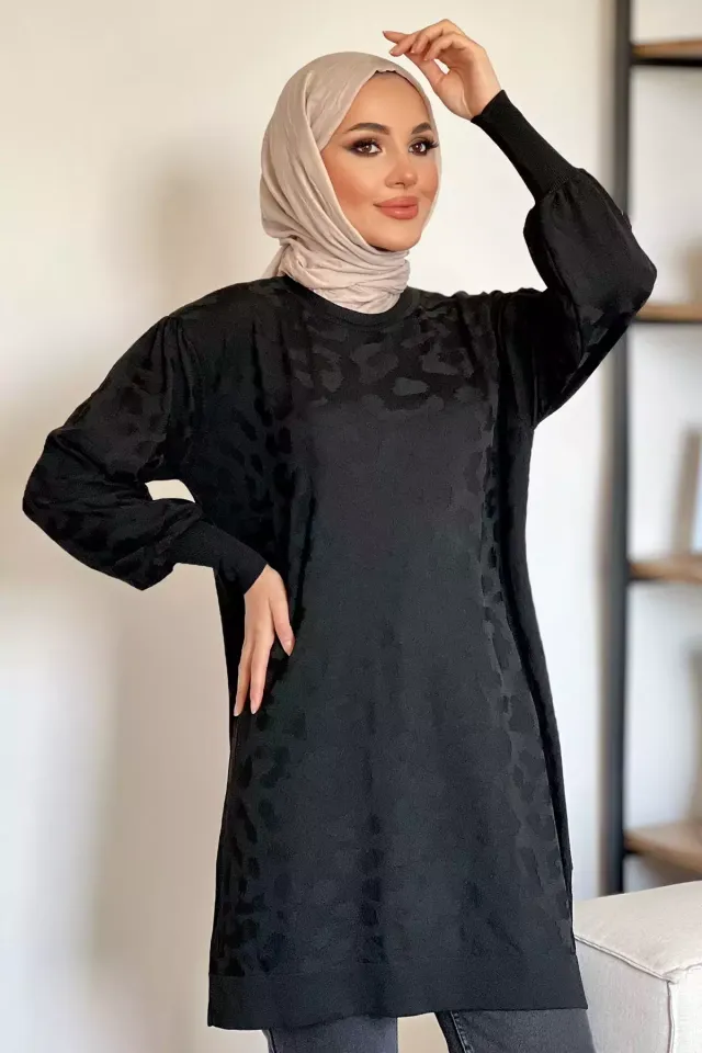 Bisiklet Yaka Desenli Tesettür Triko Tunik Siyah