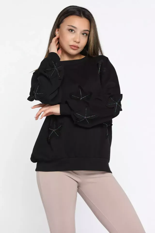 Çiçek Motifli Kadın Sweatshirt Siyah