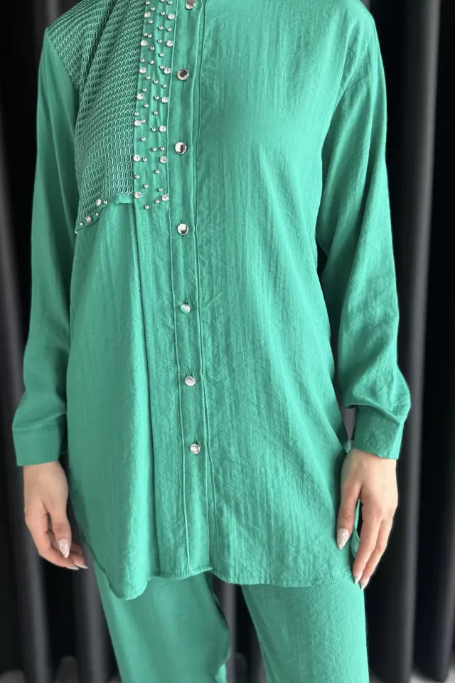 Dantelli Taşlı Tesettür Tunik Pantolon İkili Takım Yeşil