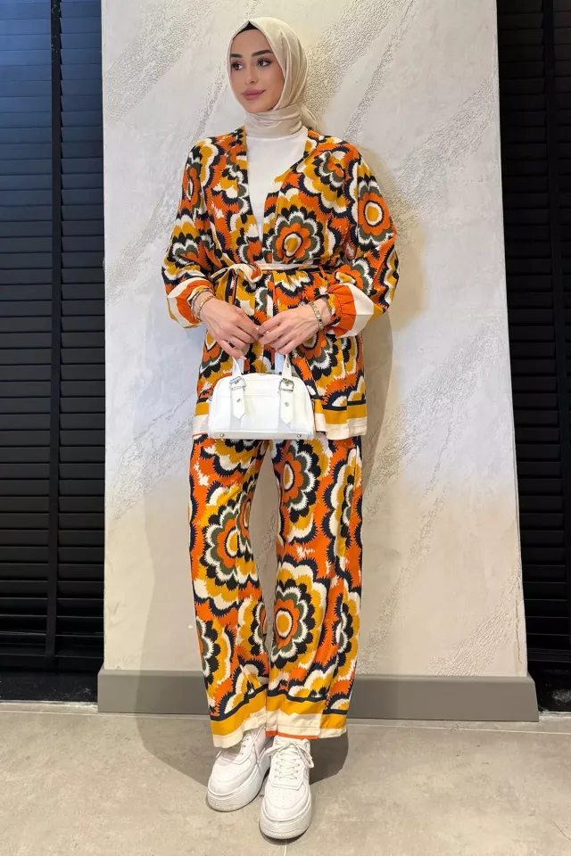 Desenli Bluz Kimono Pantolon Tesettür Viskon İkili Takım Kiremit