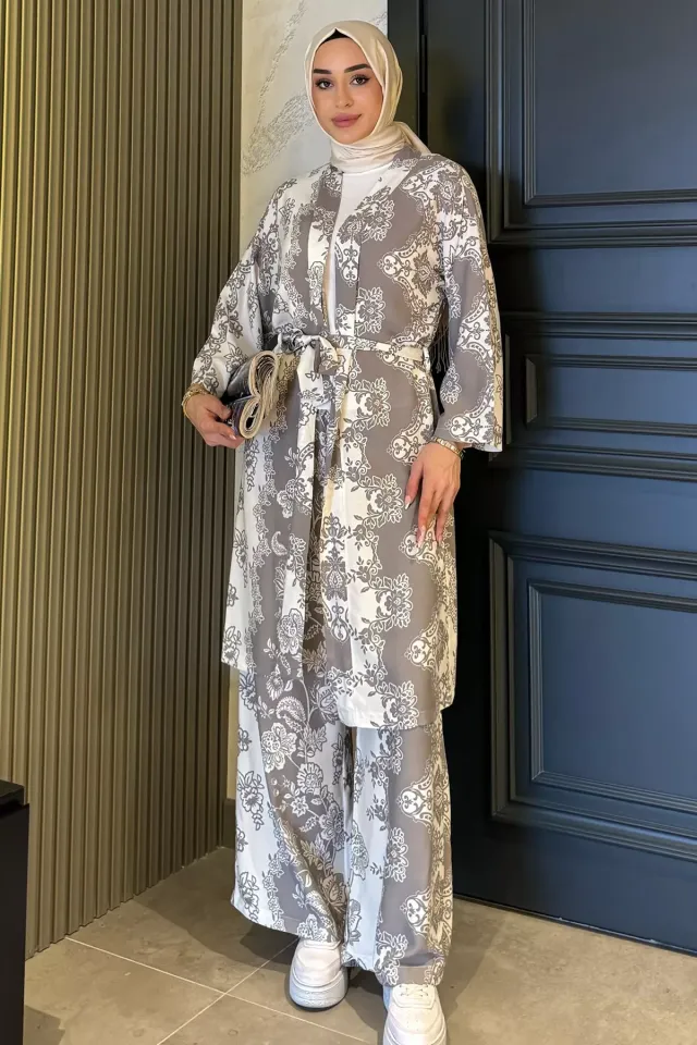 Desenli Tesettür Viskon Kimono İkili Takım Kremvizon