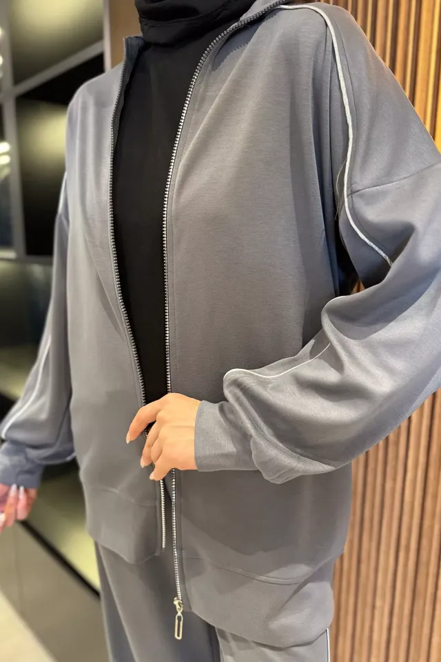 Fermuarlı Tunik Pantolon İkili Tesettür Takım Gri