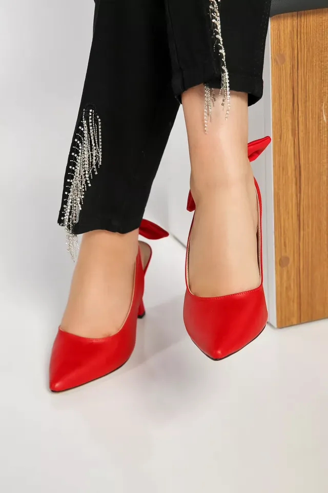 Fiyonk Detaylı Kadın Stiletto Topuklu Ayakkabı Kırmızı