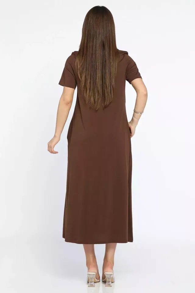 Gül Nakışlı Cepli Elbise Kahve