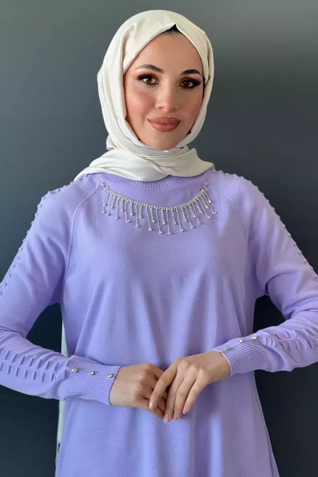 Kadın Aksesuar Detaylı Tesettür Triko Tunik Lila