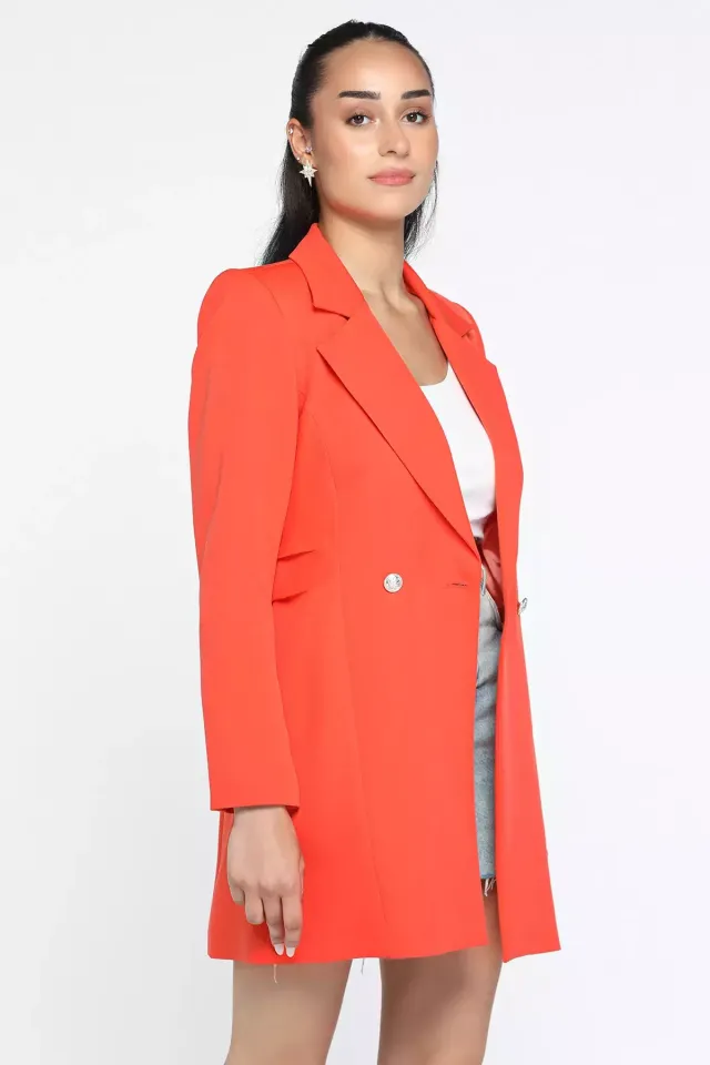 Kadın Astarlı Kenerları Katlı Uzun Blazer Ceket Orange