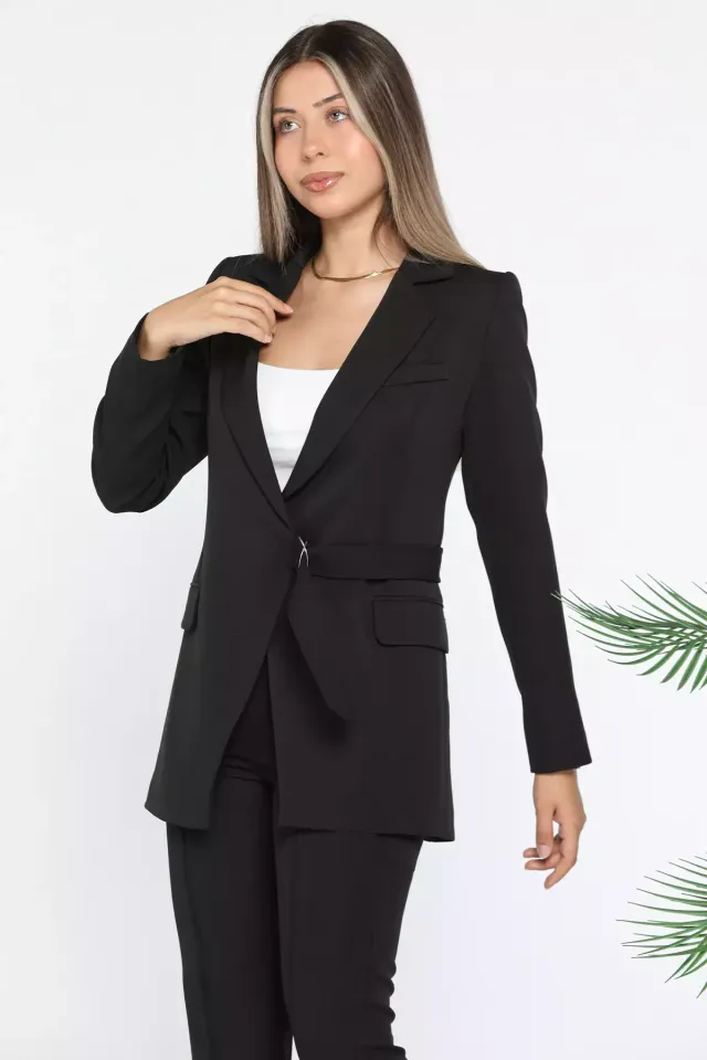 Kadın Bel Bağlamalı Sahte Cep Detayl Astarlıı Uzun Blazer Ceket Siyah