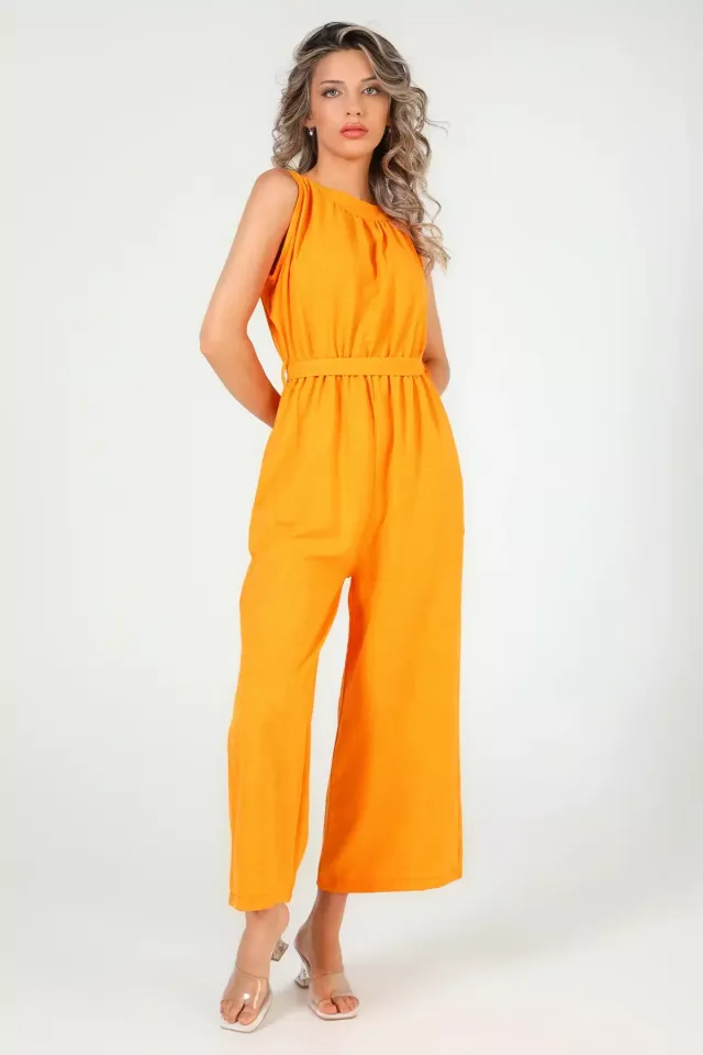 Kadın Bisiklet Yaka Bel Kuşaklı Tulum Orange