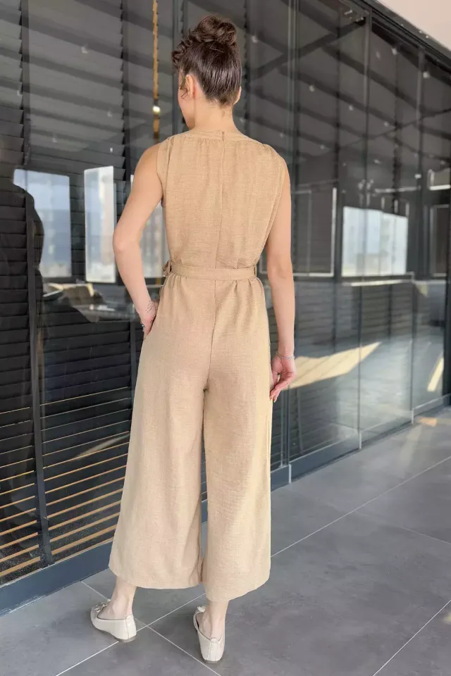 Kadın Bisiklet Yaka Bel Kuşaklı Tulum Bej