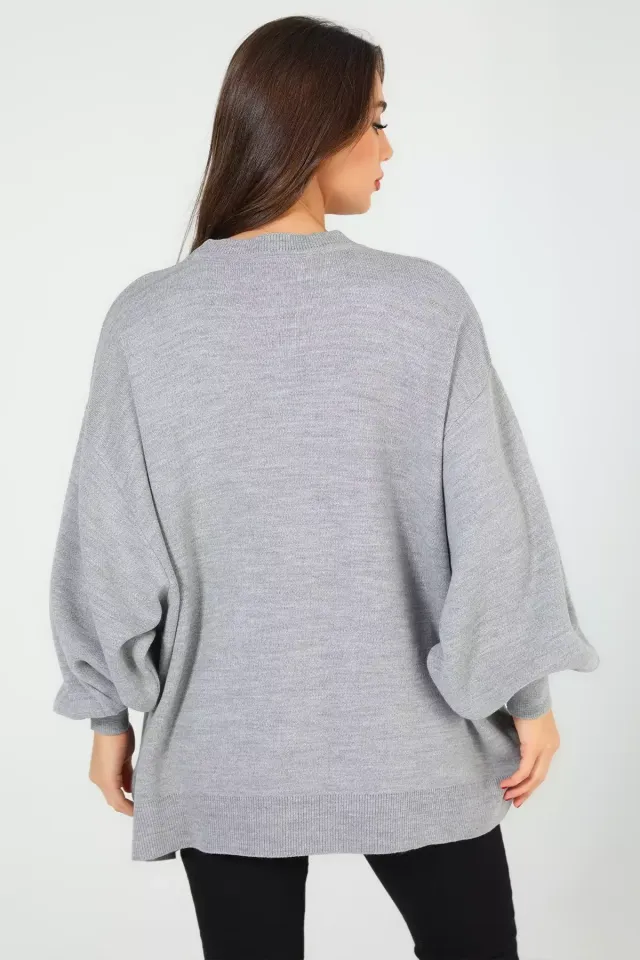 Kadın Bisiklet Yaka Boncuk İşlemeli Oversize Triko Kazak Gri