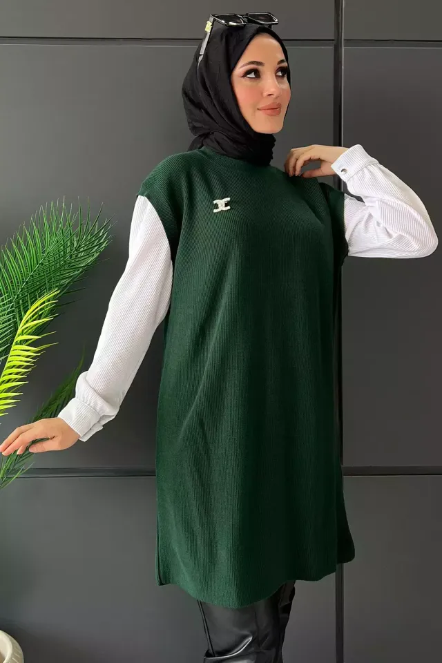 Kadın Bisiklet Yaka Renk Garnili Tesettür Triko Tunik Koyuyeşil