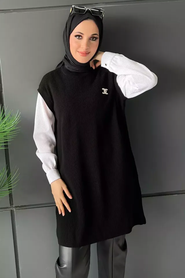 Kadın Bisiklet Yaka Renk Garnili Tesettür Triko Tunik Siyah