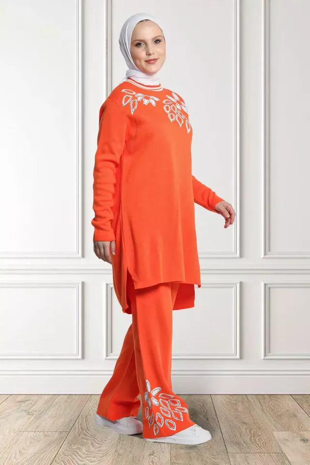 Kadın Bisiklet Yaka Taşlı Triko Tunik Pantolon Tesettür İkili Takım Orange