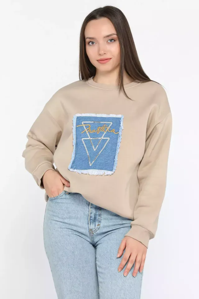 Kadın Bisiklet Yaka Üç İplik Şardonlu Sweatshirt Bej