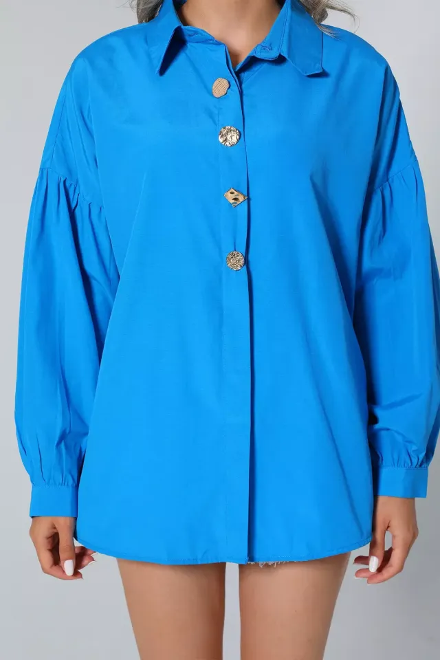 Kadın Düğme Detaylı Oversize Gömlek Mavi