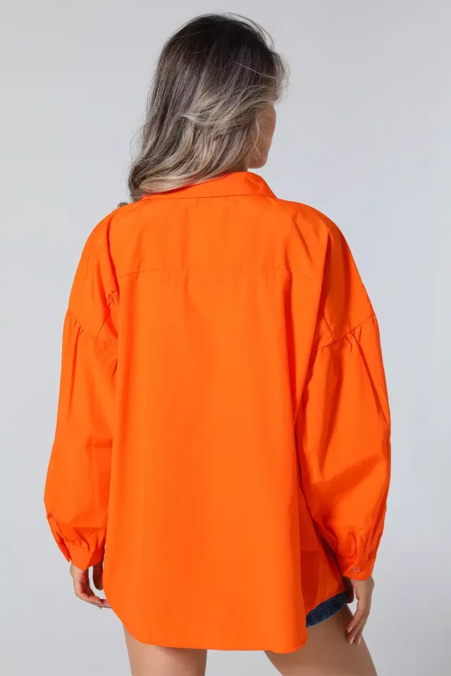 Kadın Düğme Detaylı Oversize Gömlek Orange