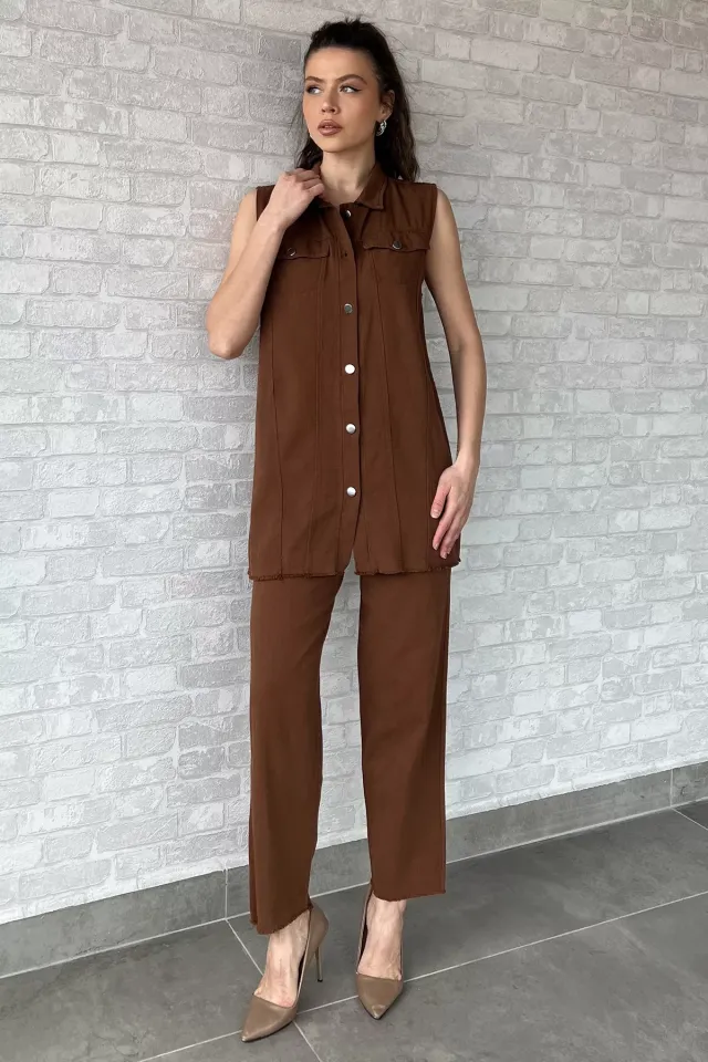 Kadın Gabardin Yelek Pantolon İkili Takım Açıkkahve