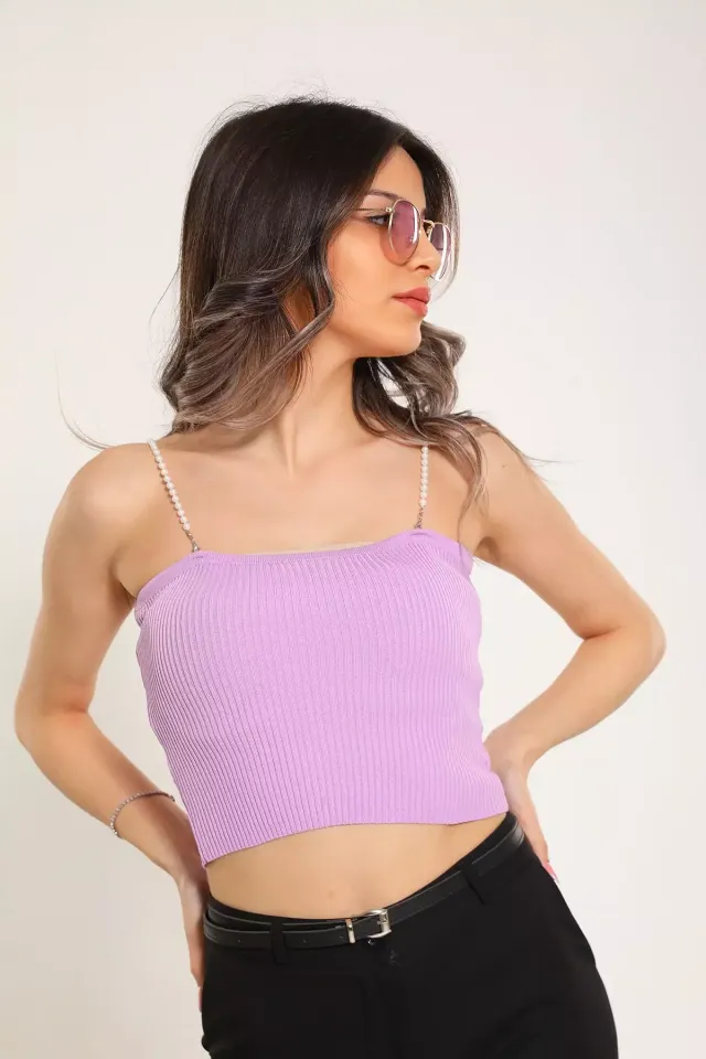 Kadın İnci Askılı Mevsimlik Crop Triko Bluz Lila
