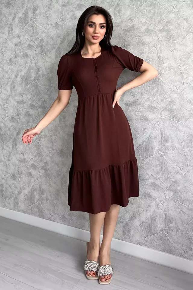 Kadın Kare Yaka Örme Elbise Kahve