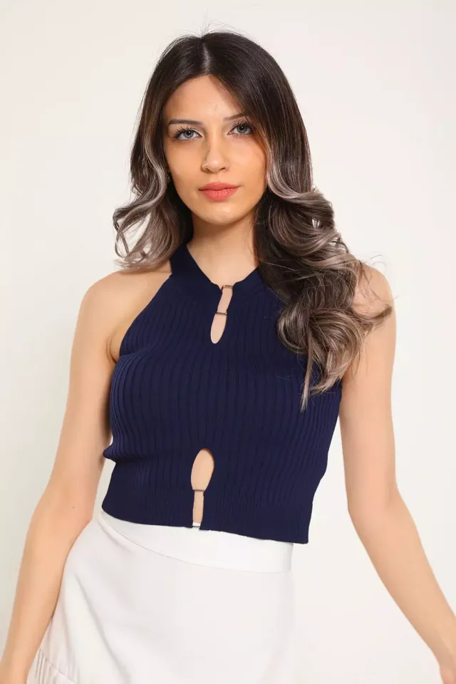 Kadın Ön Detaylı Kolsuz Crop Triko Bluz Lacivert