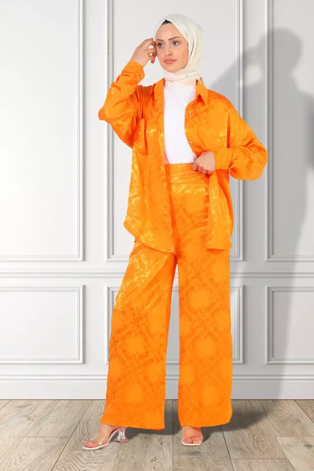Kadın Ön Düğmeli Tesettür Gömlek Pantolon İkili Takım Orange
