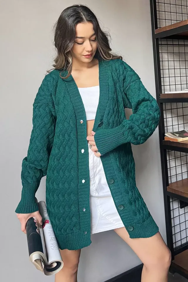 Kadın Örme Detaylı Triko Hırka Yeşil