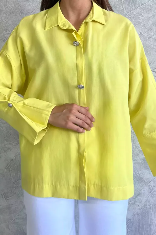 Kadın Oversize Düğme Taş Detaylı Gömlek Sarı