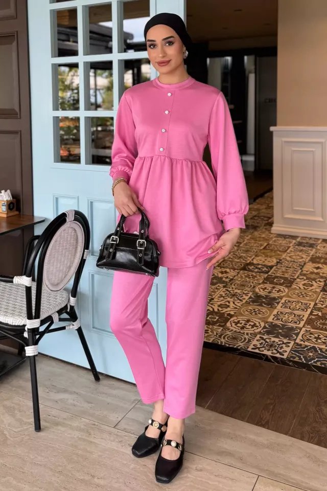 Kadın Taşlı Düğmeli Fırfırlı Tunik Pantolon Tesettür İkili Takım Pembe