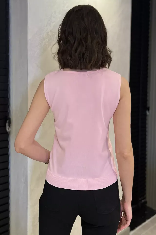 Kadın V Yaka Sıfır Kol Triko Bluz Pembe