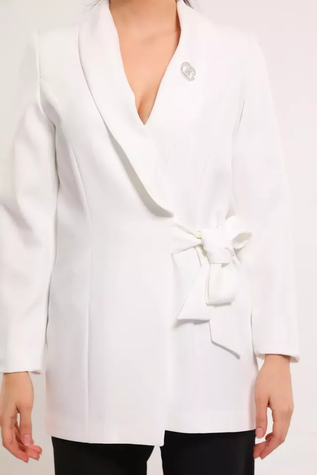 Kadın Yan Bağlamalı Astarlı Blazer Ceket Krem