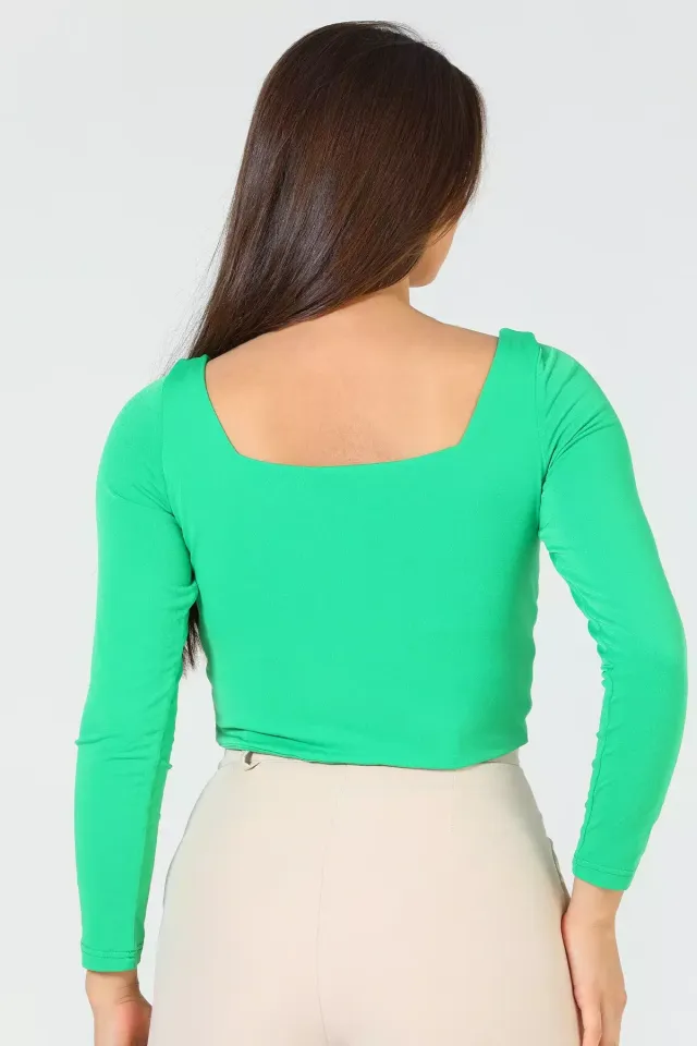 Kadın Büzgülü Crop Bluz Yeşil